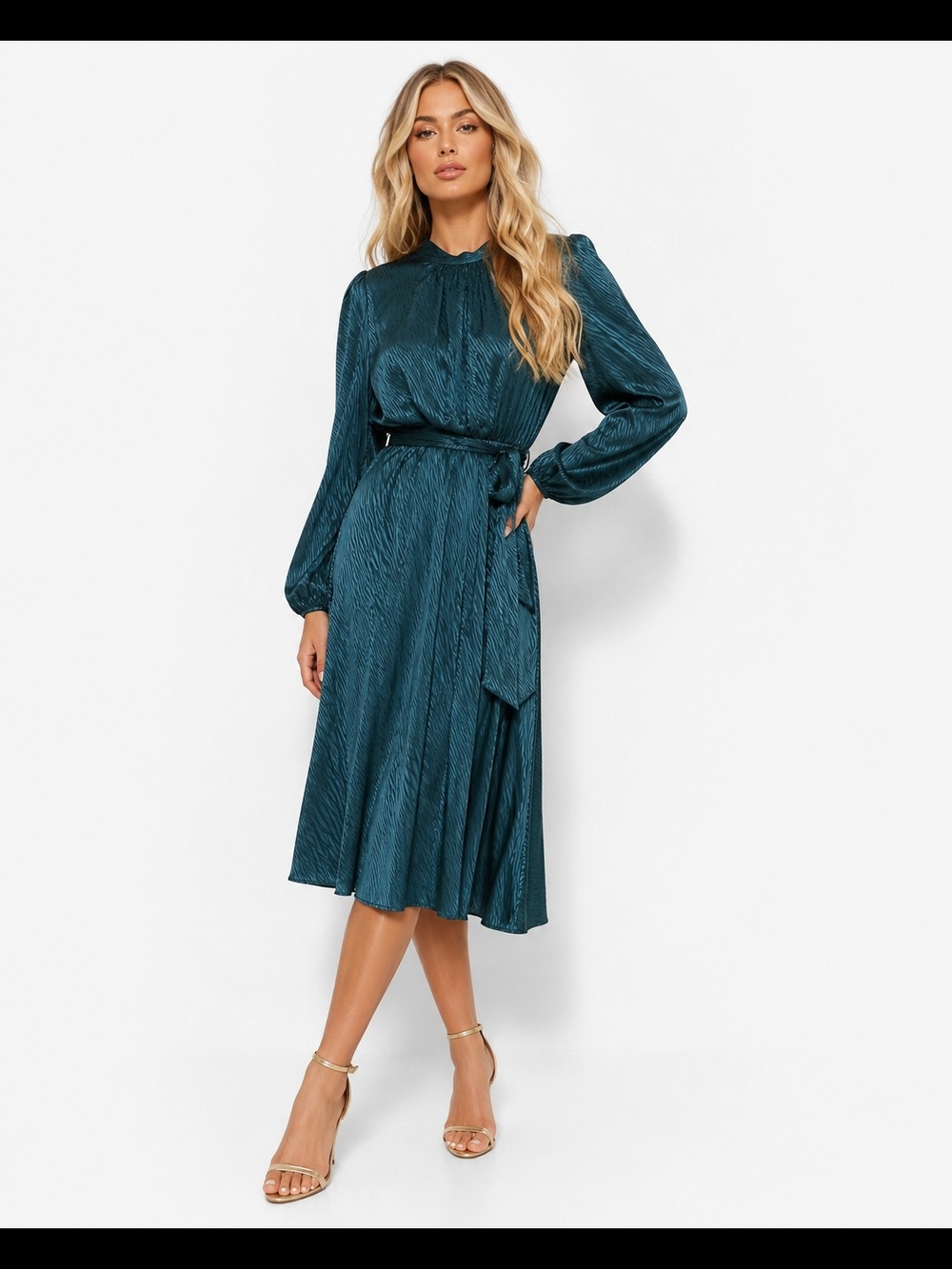 Böhme Green Satin Jacquard Midi Dress Belted Long Sleeve Size M Has Pockets.